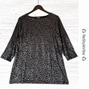 CHICO’S Women’s Size 2 L/12 Top Shirt Leopard Print NWT Boat Neck 3/4 Sleeve NEW